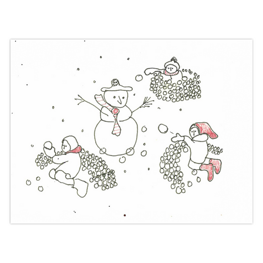 Front of a greeting card of a pen and ink drawing of a snowman with stick branch arms and a tam and scarf in the center surrounded by three children in snow forts made of snowballs drawn by black circles.  The children are pelting the snowman with snowballs from behind their snow fortress walls.  The card is black and white except for red boots on one child, red scarves on two children and the snowman and a red hat on one of the children.  The title of the card is Snowball Fight With A Snowman.