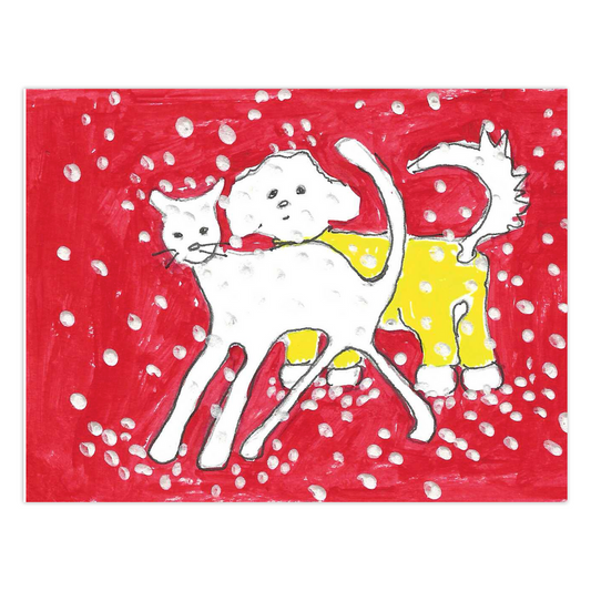 Jaunt In The Snow greeting card featuring pets on an evening walk under a red winter sky, reproduced from an original acrylic painting by Janet Lee Chauncey. Front of card by Chauncey Art Collective