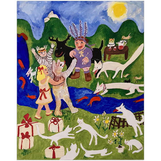 Colorful fantasy birthday party art print, featuring whimsical characters celebrating, reproduced from an original acrylic by Janet Lee Chauncey. Art print by Chauncey Art Collective