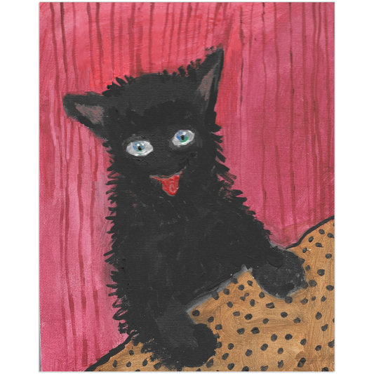 Happy Cat art print featuring a cheerful cat face, reproduced from an original acrylic painting by Janet Lee Chauncey. Art print by Chauncey Art Collective.