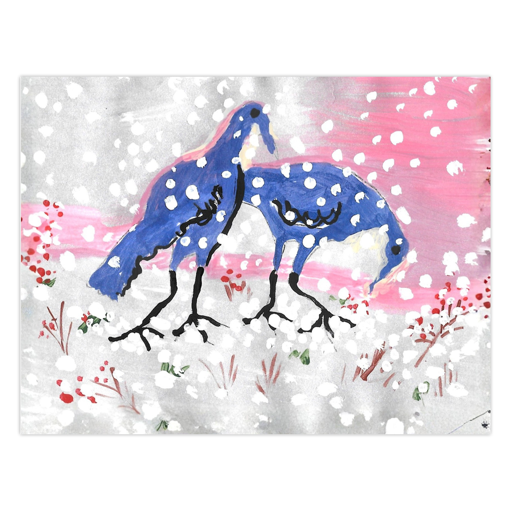 HO HO HO Turkeys In The Snow Greeting Card: Two blue turkeys against a snowy pink background. High-quality reproduction of Janet Lee Chauncey's acrylic on paperpainting for Chauncey Art Collective.