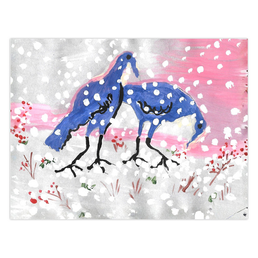 HO HO HO Turkeys In The Snow Greeting Card: Two blue turkeys against a snowy pink background. High-quality reproduction of Janet Lee Chauncey's acrylic on paperpainting for Chauncey Art Collective.