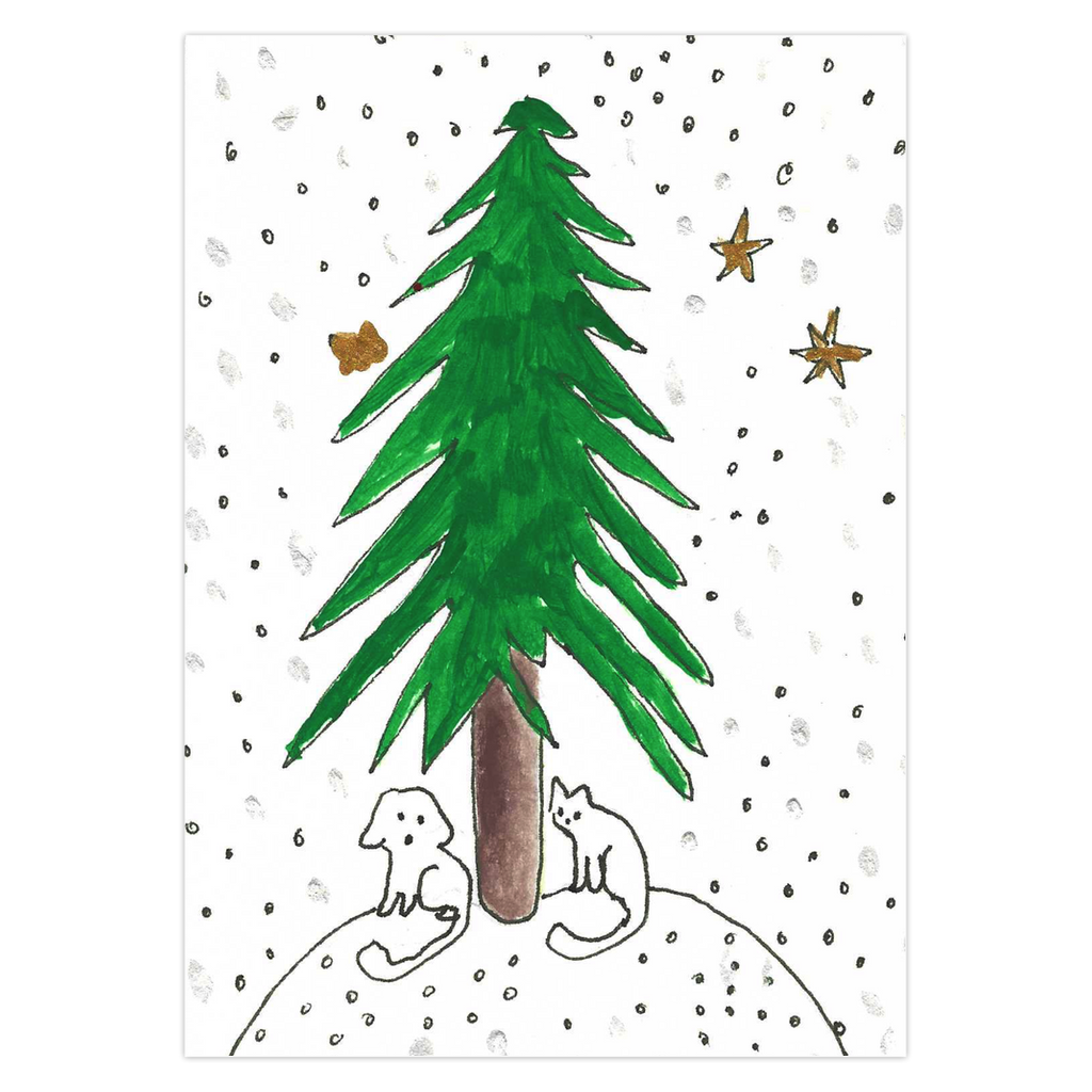 A white cat and dog sit under a large pine tree. The sky is white and sprinkled with gold stars in this adorable Christmas card Under The Tree. Art by Janet Lee Chauncey.  Greeting card by Chauncey Art Collective.