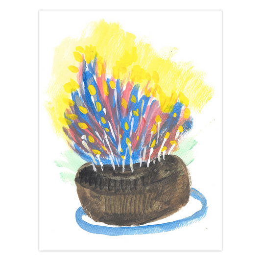 Front of the greeting card The Most Delicious Cake showing a chocolate cake on a blue and white plate ablaze with many many white candles with yellow flames.  Splashes of reg and blue are behind the candles to indicate heat and light and a halo of yellow tops it off.  The image is on a white background.