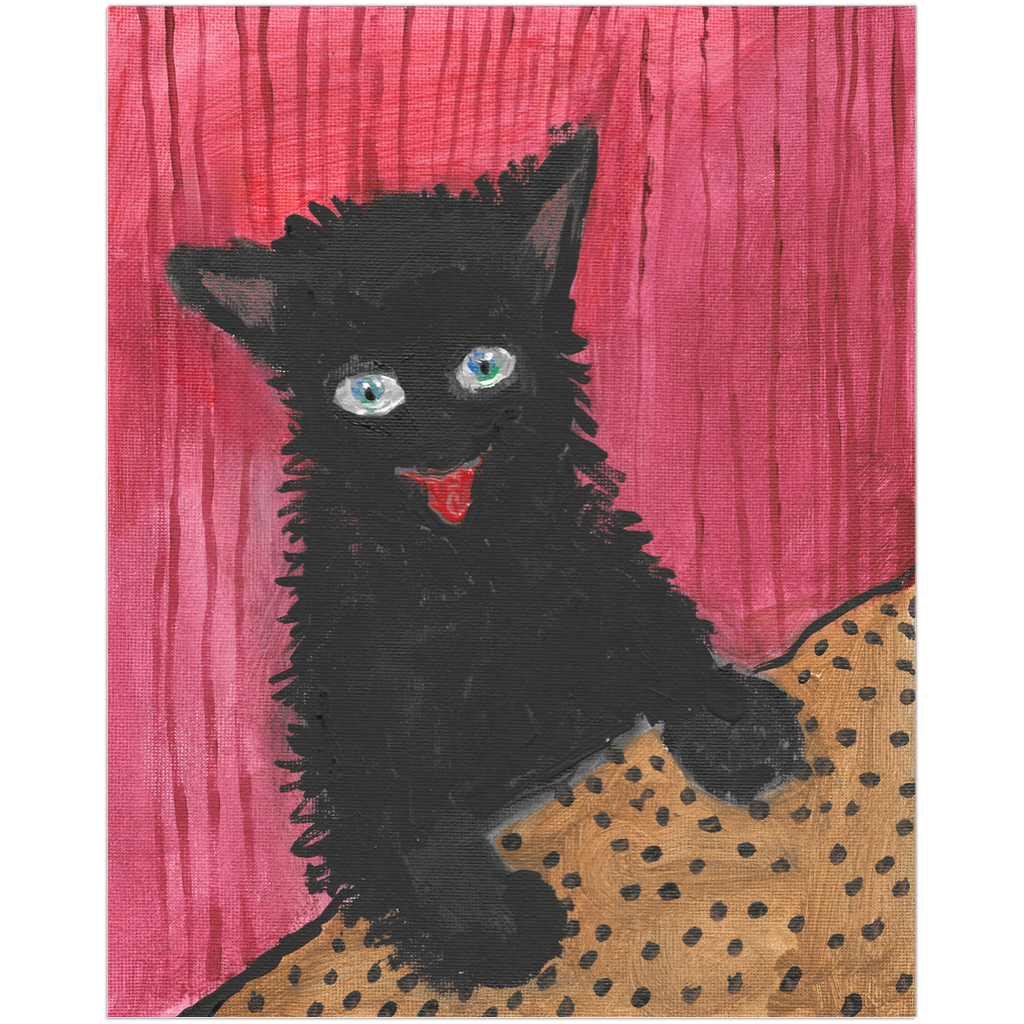 Happy Cat Premium Art Print: An adorable, delighted black cat with bright eyes, red tongue, and paws resting on a table. High-quality reproduction of original acrylic on canvas by Janet Lee Chauncey for Chauncey Art Collective.