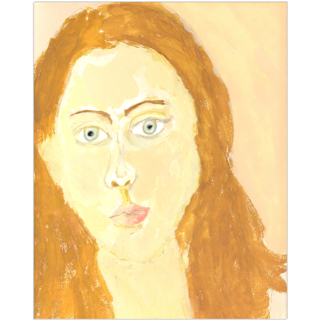 Artistic depiction of a face with long hair on a beige background.  Art by Janet Lee Chauncey.
