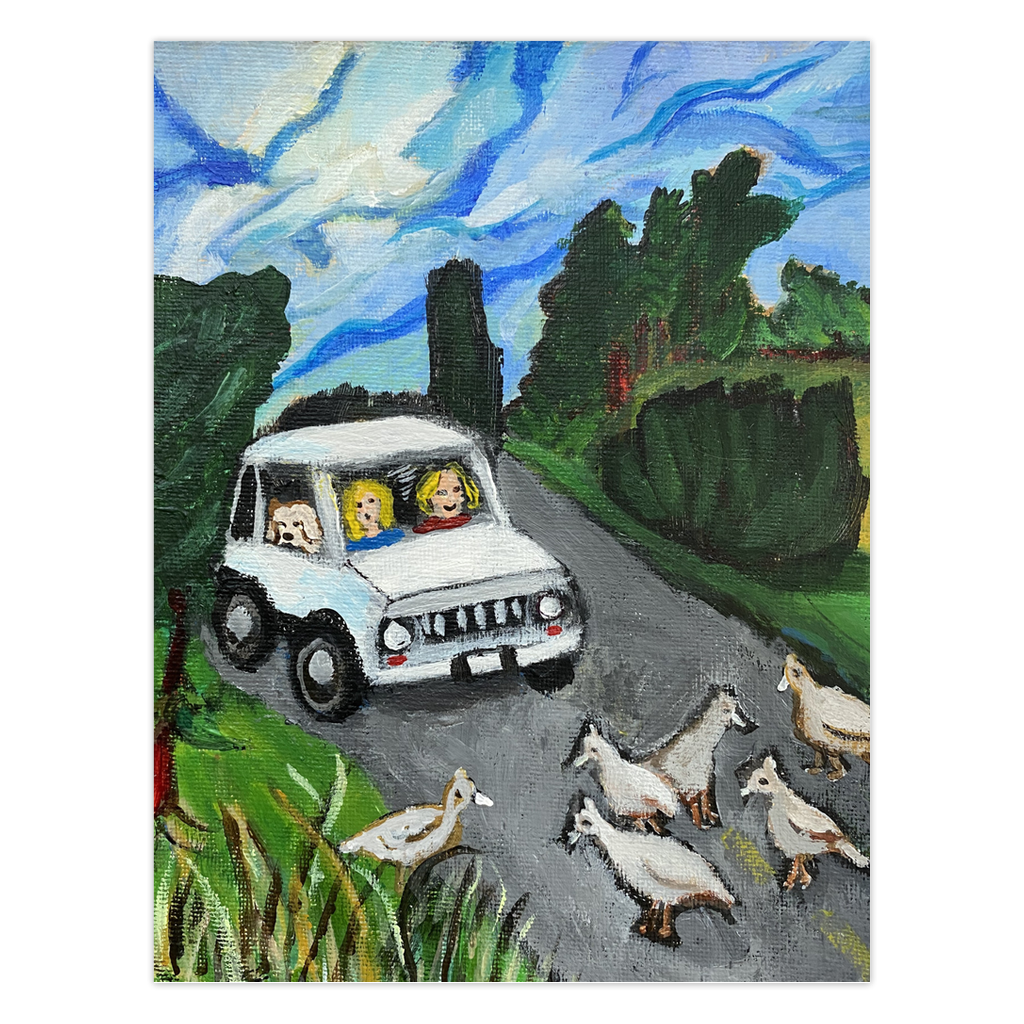 Pavement Patrol On Atlantic Road greeting card by Gretchen Chauncey.  A whimsical illustration of a white car with two women and a dog stoped for a flock of guinea fowl in the street.