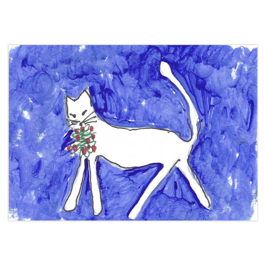 Front of artistic greeting card depicting a white cat walking toward the left with a bunch of red circles for flowers with green squiggles for leaves in his mouth.  The background is swirls of cobalt blue with white showing through.  The title of the greeting card is Caspar Brings A Gift by Janet Lee Chauncey.