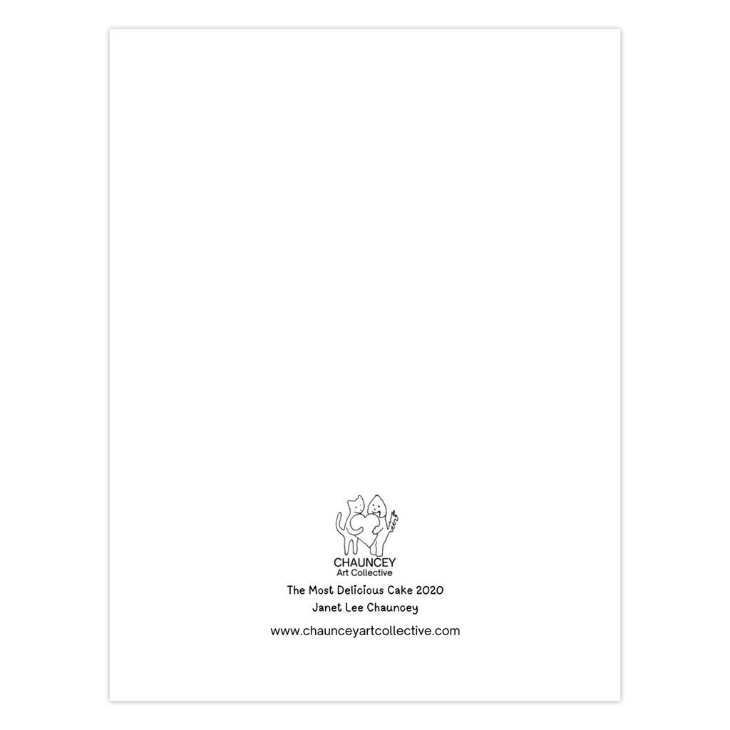 Back of the greeting card which shows the Chauncey Art Collective Logo of cat and dog standing holding a heart between them with the card title The Most Delicious Cake printed below centered at the bottom of the page.