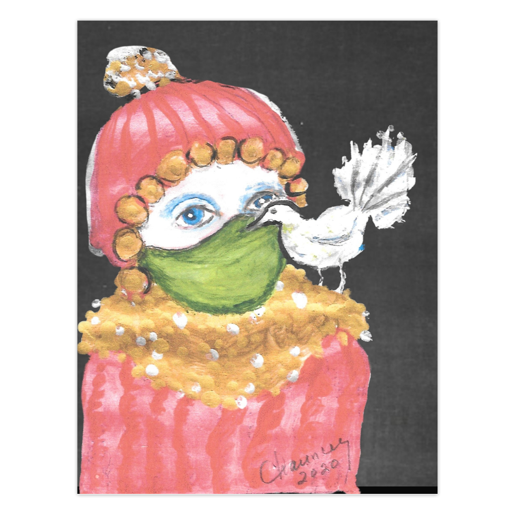 Winter Whispers Greeting Card: A girl in a red hat and sweater whispers to a white dove resting on her shoulder against a black background. High-quality reproduction of original acrylic on paper by Janet Lee Chauncey for Chauncey Art Collective.