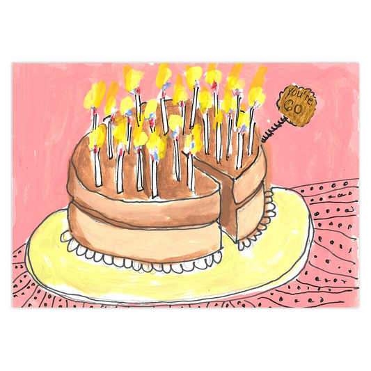 Front of birthday card showing a chocolate layer cake sitting on a yellow plate topped with white candles glowing with yellow flames accented with red and blue.  A sign is stuck into the cake reading you're 60!  The background is a salmon color as well as the black dotted tablecloth. 