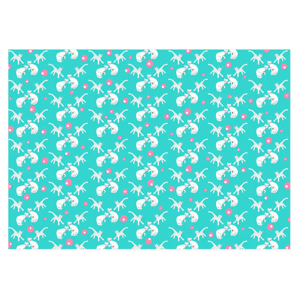 Repeating pattern of white cats and pink dots on a vibrant turquoise background, original artwork by Janet Lee Chauncey for Chauncey Art Collective.