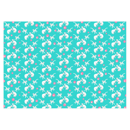 Repeating pattern of white cats and pink dots on a vibrant turquoise background, original artwork by Janet Lee Chauncey for Chauncey Art Collective.