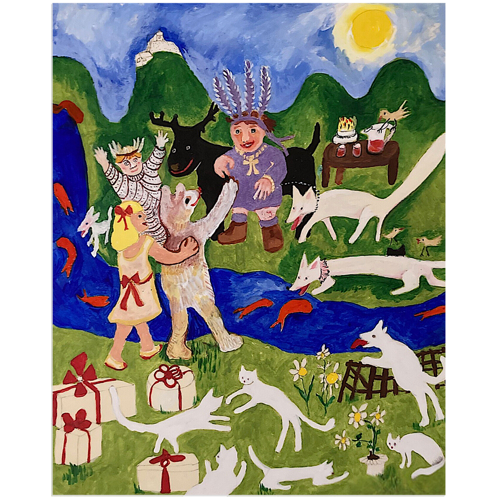 Party Time Acrylic Print: A vibrant scene of people in wild costumes, white cats, and foxes arriving at a celebration by a fish-filled stream with colorful presents. This Chauncey Art Collective wall art is reproduced from an original painting by Janet Lee Chauncey.
