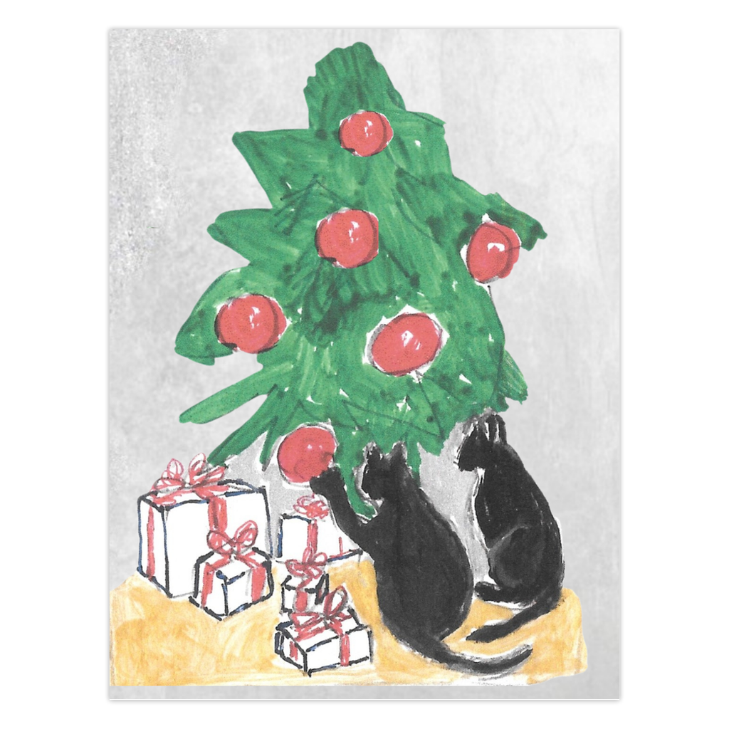 Testing The Bulbs Holiday Card: Two black cats sit before a Christmas tree with red ornaments and presents. One cat reaches up a paw to touch a red bulb. High-quality reproduction of original acrylic on paper by Janet Lee Chauncey for Chauncey Art Collective.