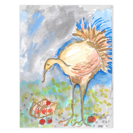 Front of a greeting card with a fall theme called Vermont Turkey.  The image shows a wild turkey in shades of light brown and tan and coral Festive card from Chauncey Art Collective with Janet Lee Chauncey's Vermont Turkey artwork, showing a turkey collecting apples.