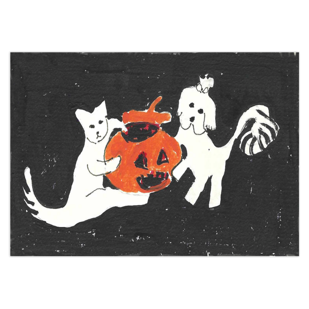 The Pumpkin Is Ready Halloween greeting card by Janet Lee Chauncey for Chauncey Art Collective, featuring two cute children carrying a carved pumpkin.
