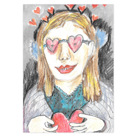 Girl With Heart Glasses shows a cute girl with red heart glasses carrying a heart in her hands. Her lips are ruby red and she has hearts floating above her auburn hair.