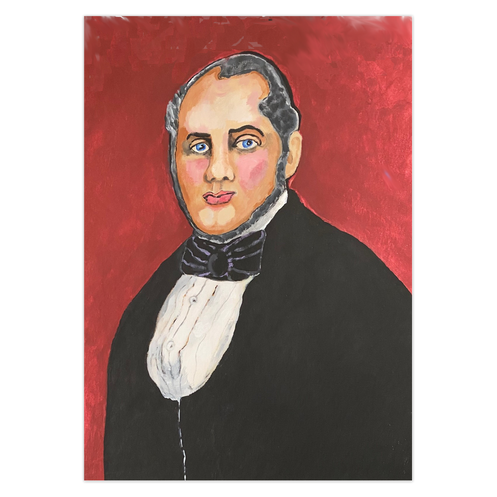 The Good Doctor portrait card by Janet Lee Chauncey shows a stately man on a red background.  Available at Chauncey Art Collective.