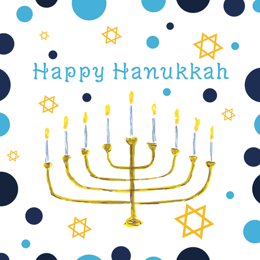 Happy Hanukkah card with a Menorah, candles, and festive patterns on a white background.