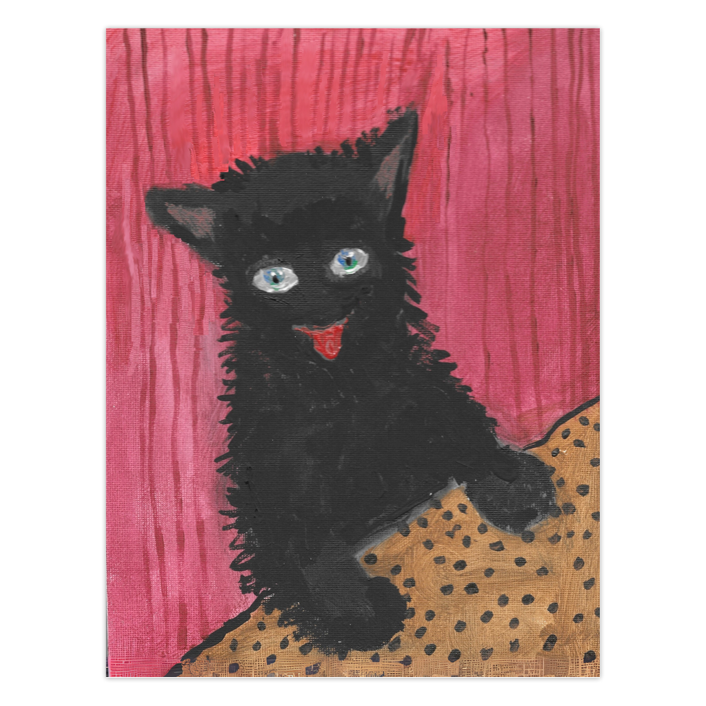Happy Cat Greeting Card: A whimsical black cat with bright, wide eyes and a small red tongue showing in a happy expression. The cat is set against a deep maroon background. Reproduced from original artwork by Janet Lee Chauncey for Chauncey Art Collective.