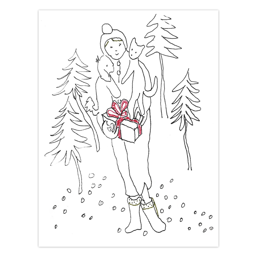 Holiday Delivery Greeting Card: An ink drawing of a woman carrying a dog, a cat, and a gift with a red bow through a snowy forest. High-quality reproduction of original artwork by Janet Lee Chauncey for Chauncey Art Collective.