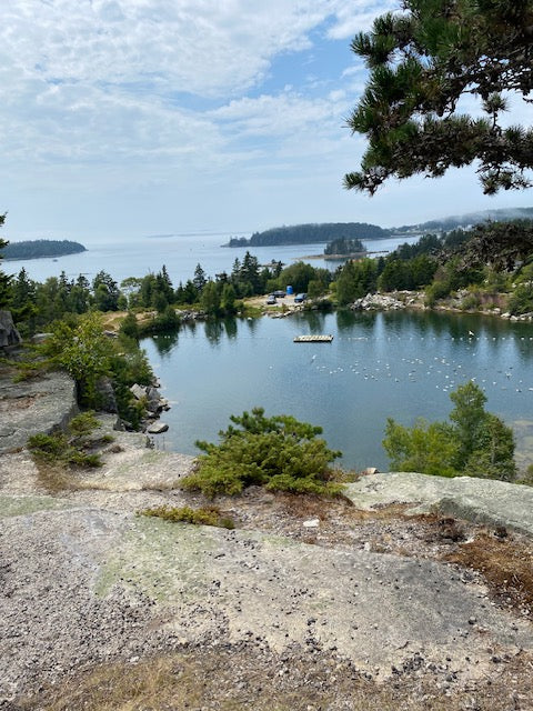 Photograph taken by Gretchen Chauncey of the view of a pond and islands off of the village of Minturn as seen from the top of Swan's Island Quarry.
