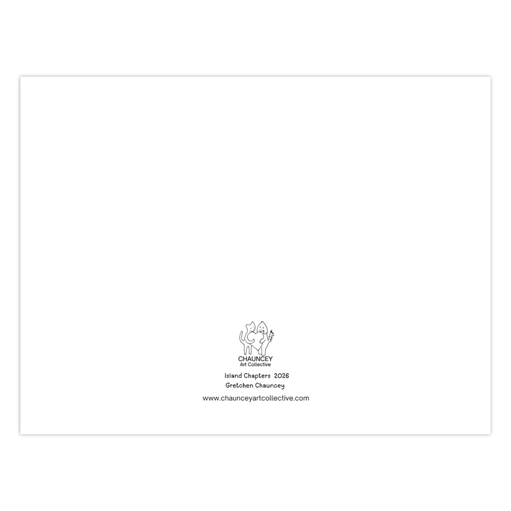 Back of Island Chapters notecard with title and Chauncey Art Collective logo featured.