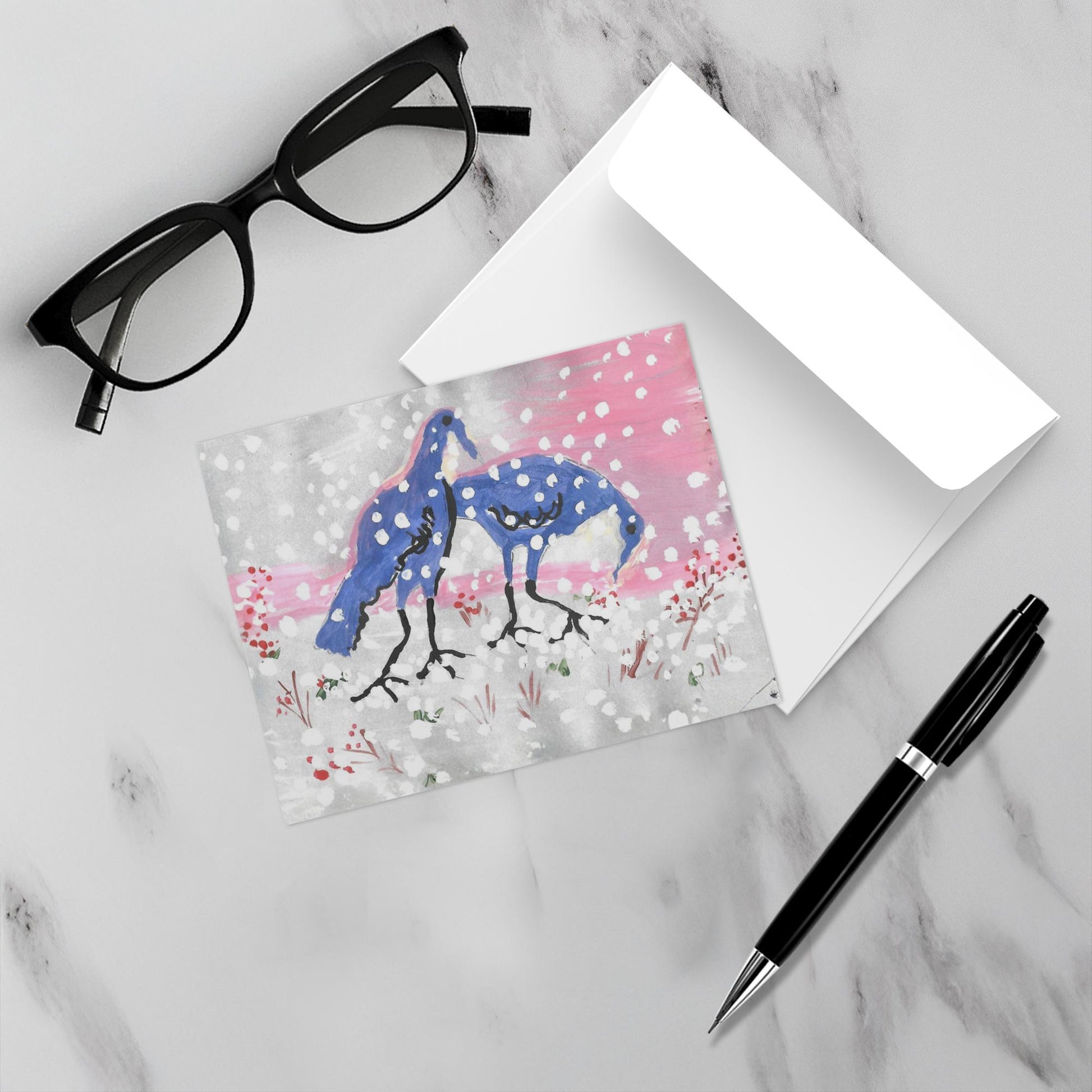 Greeting card with turkey illustration on marble surface with glasses and pen
