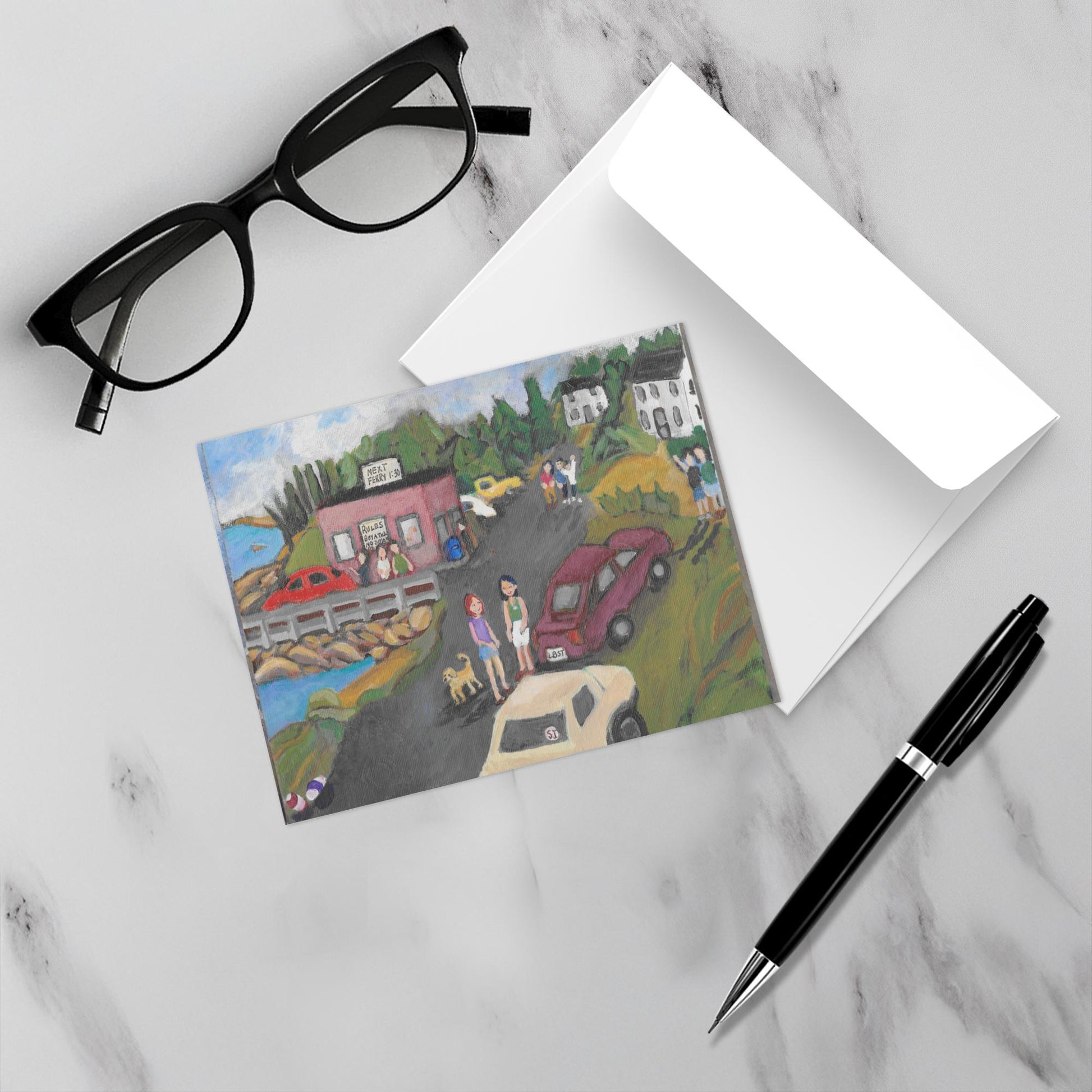 Front of all occasion card Next Ferry 1:30 with its envelope a pen and eyewear on a marble surface.