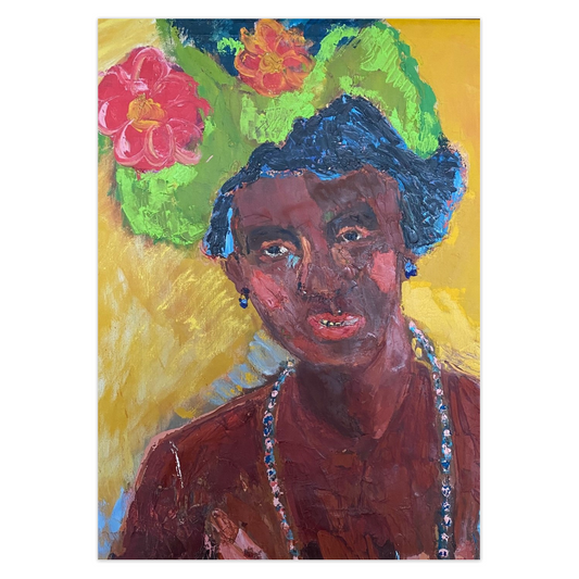 Lady With Hat fine art greeting card features a woman with dark skin tone wearing a necklace and earrings. On her head is a flamboyant hat of lime green with pink flowers.