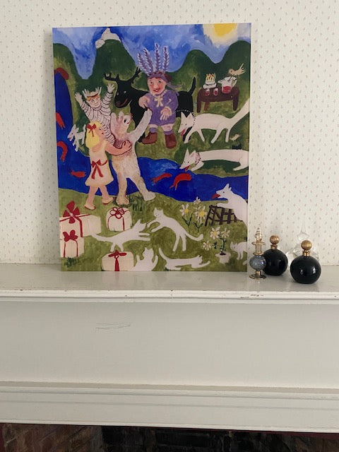Party Time acrylic print sitting on a mantle next to decorative perfume bottles. Artwork by Janet Lee Chauncey.