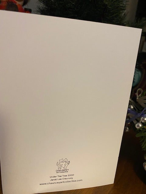 Chauncey Art Collective branding on back of Under The Tree Christmas card.