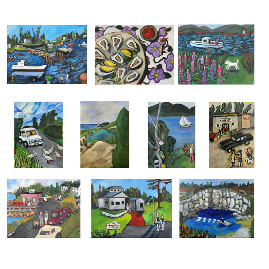 All 10 vibrant greeting cards in Swan's Island card set are featured on a white background. Island Notecard set by Chauncey Art Collective.