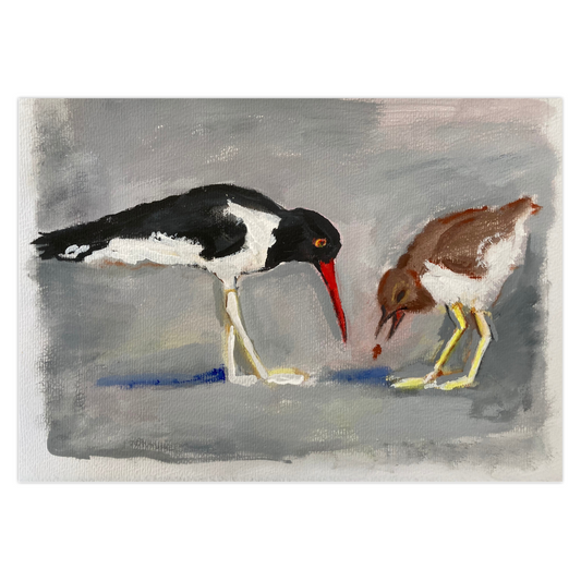 Shore Birds greeting card by Janet Lee Chauncey.  An illustration of two birds pecking at seeds with illusion of gray sand and sea in the background.  A Chauncey Art Collective product.
