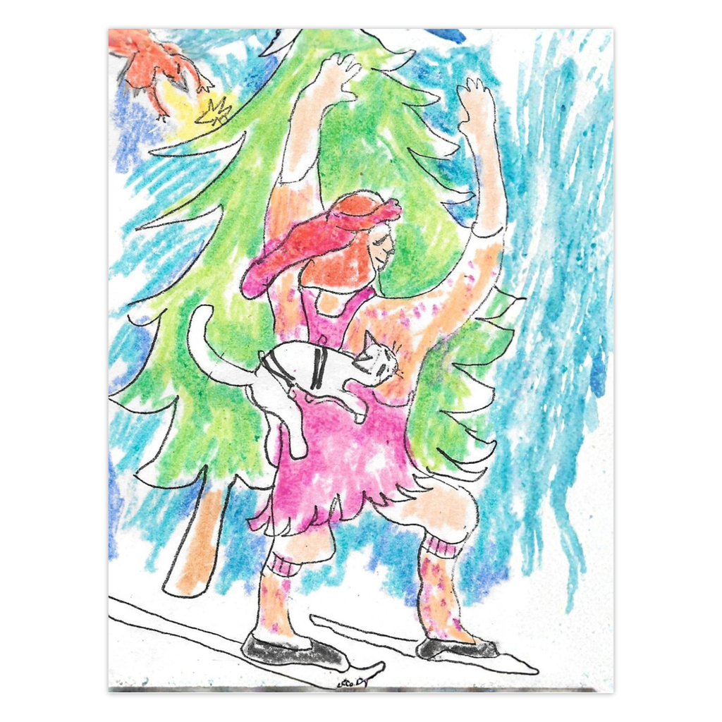 Skiing Caspar Holiday Card: A fun scene of a cat peeking out of a backpack while riding along with its human during a ski trip. Reproduced from an original colored pencil drawing by Janet Lee Chauncey for Chauncey Art Collective.