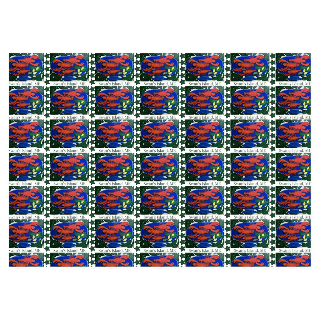 Repeating pattern of red lobsters on blue platters with lemon wedges and greenery, Downeast Feast nautical gift wrap by artist Gretchen Chauncey.