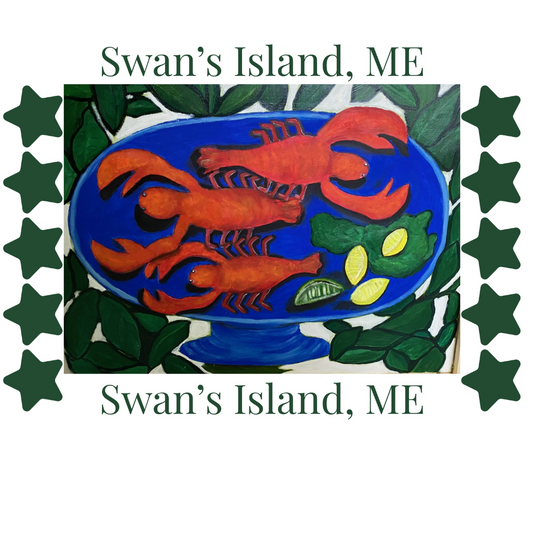 Decorative plate with red lobsters on a blue background, surrounded by green leaves and stars, with 'Swan's Island, ME' text.