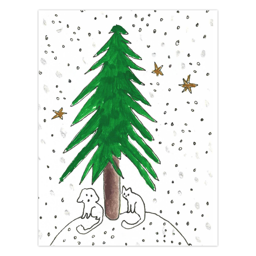 Under The Tree Holiday Greeting Card: A little white dog and cat sit beneath a majestic pine tree, framed by shimmering gold stars and gently falling snowflakes. Artist Janet Lee Chauncey created the original artwork for this festive Chauncey Art Collective stationery.