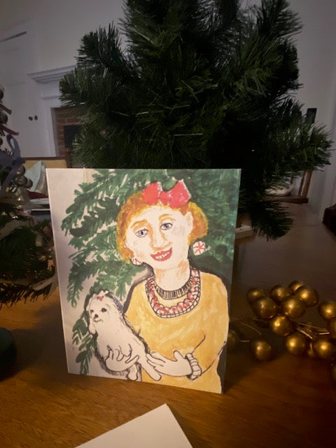 Painting of a woman wearing peppermint jewelry with a Maltese dog on a table next to a Christmas tree